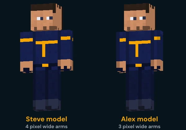 The same Minecraft skin rendered on both player models side by side, the Steve model with four pixel wide arms next to the Alex model with three pixel wide arms