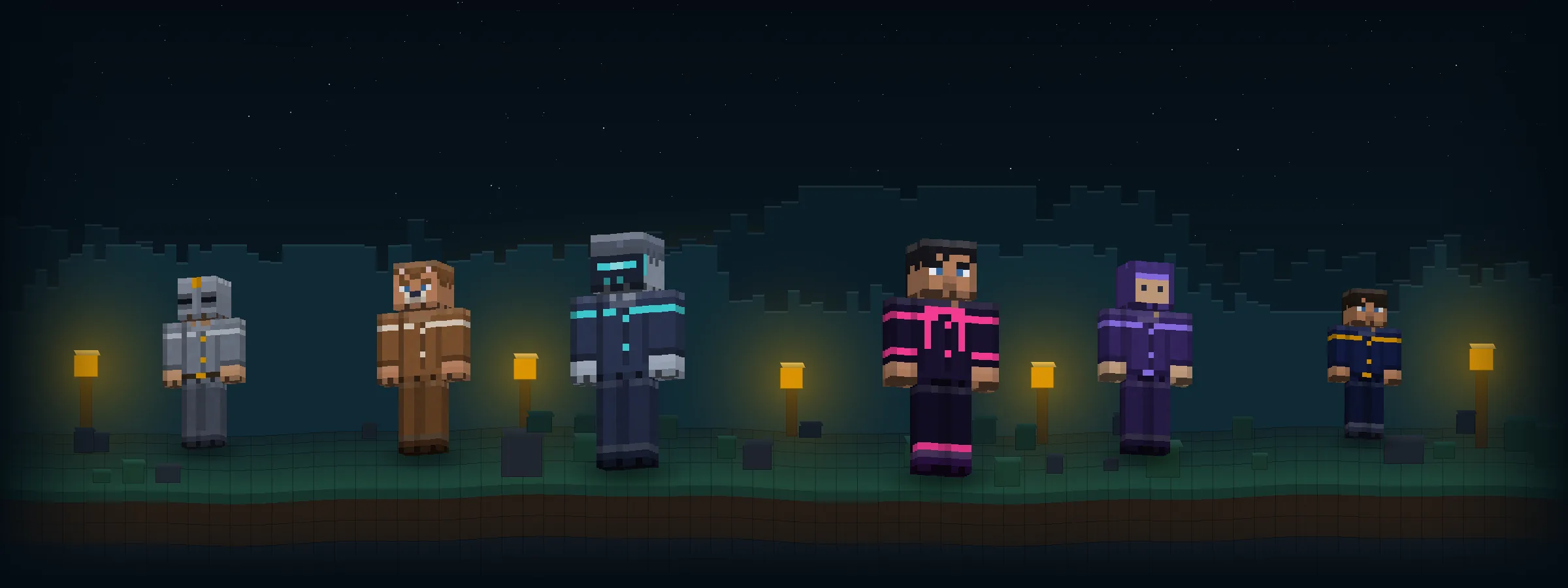 Six Minecraft skins rendered side by side on a night landscape: a knight in plate armour, an animal costume, a robot with a lit visor, a cyberpunk runner with neon trim, a hooded fantasy mage, and an Astroworld explorer in a navy and gold jacket.