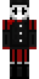 The Minecraft skin worn by ClownPierce, shown flat from the front: a black 64x64 skin on the alex model with 22 distinct colours
