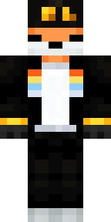 The Minecraft skin worn by Fundy, shown flat from the front: a black and orange 64x64 skin on the steve model with 143 distinct colours