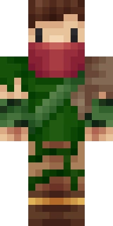 The Minecraft skin worn by Martyn, shown flat from the front: a orange and green 64x64 skin on the steve model with 83 distinct colours