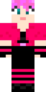 The Minecraft skin worn by MinecraftChick, shown flat from the front: a black and pink 64x32 skin on the alex model with 14 distinct colours