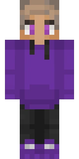 The Minecraft skin worn by Purpled, shown flat from the front: a purple and orange 64x64 skin on the alex model with 48 distinct colours