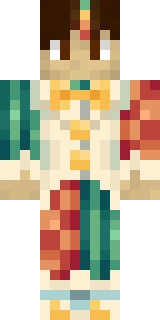 The Minecraft skin worn by Smallishbeans, shown flat from the front: a orange and red 64x64 skin on the steve model with 94 distinct colours