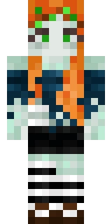 The Minecraft skin worn by ZombieCleo, shown flat from the front: a green and orange 64x64 skin on the alex model with 107 distinct colours